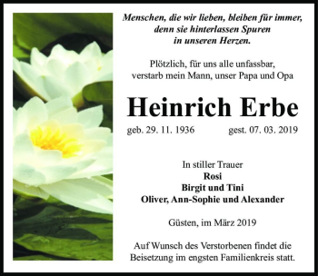 Traueranzeige von Heinrich Erbe  von Magdeburger Volksstimme