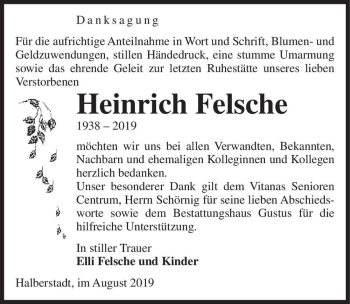 Traueranzeige von Heinrich Felsche  von Magdeburger Volksstimme