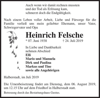 Traueranzeige von Heinrich Felsche  von Magdeburger Volksstimme