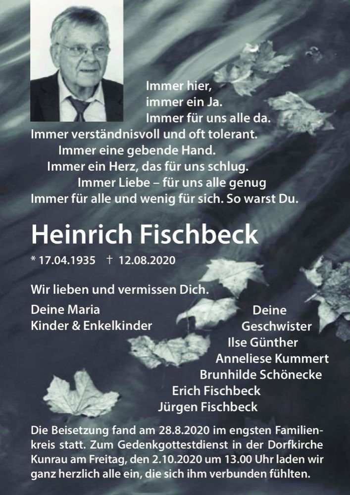  Traueranzeige für Heinrich Fischbeck  vom 26.09.2020 aus Magdeburger Volksstimme