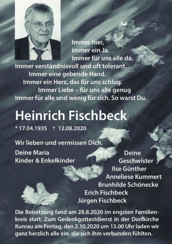 Traueranzeige von Heinrich Fischbeck  von Magdeburger Volksstimme