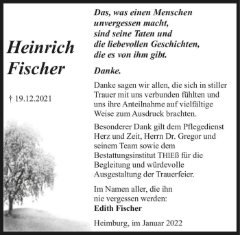 Traueranzeige von Heinrich Fischer  von Magdeburger Volksstimme