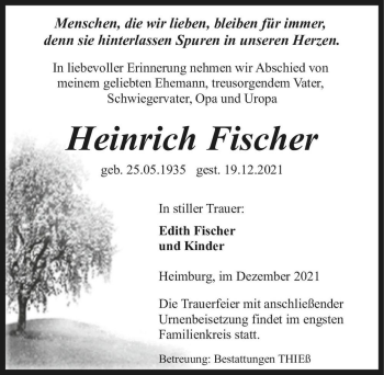 Traueranzeige von Heinrich Fischer  von Magdeburger Volksstimme