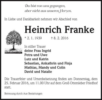 Traueranzeige von Heinrich Franke  von Magdeburger Volksstimme