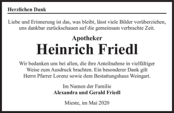 Traueranzeige von Heinrich Friedl  von Magdeburger Volksstimme