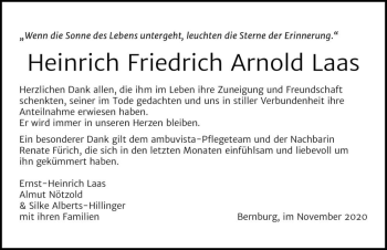 Traueranzeige von Heinrich Friedrich Arnold Laas  von Magdeburger Volksstimme