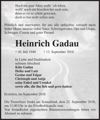 Traueranzeige von Heinrich Gadau  von Magdeburger Volksstimme