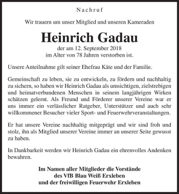 Traueranzeige von Heinrich Gadau  von Magdeburger Volksstimme