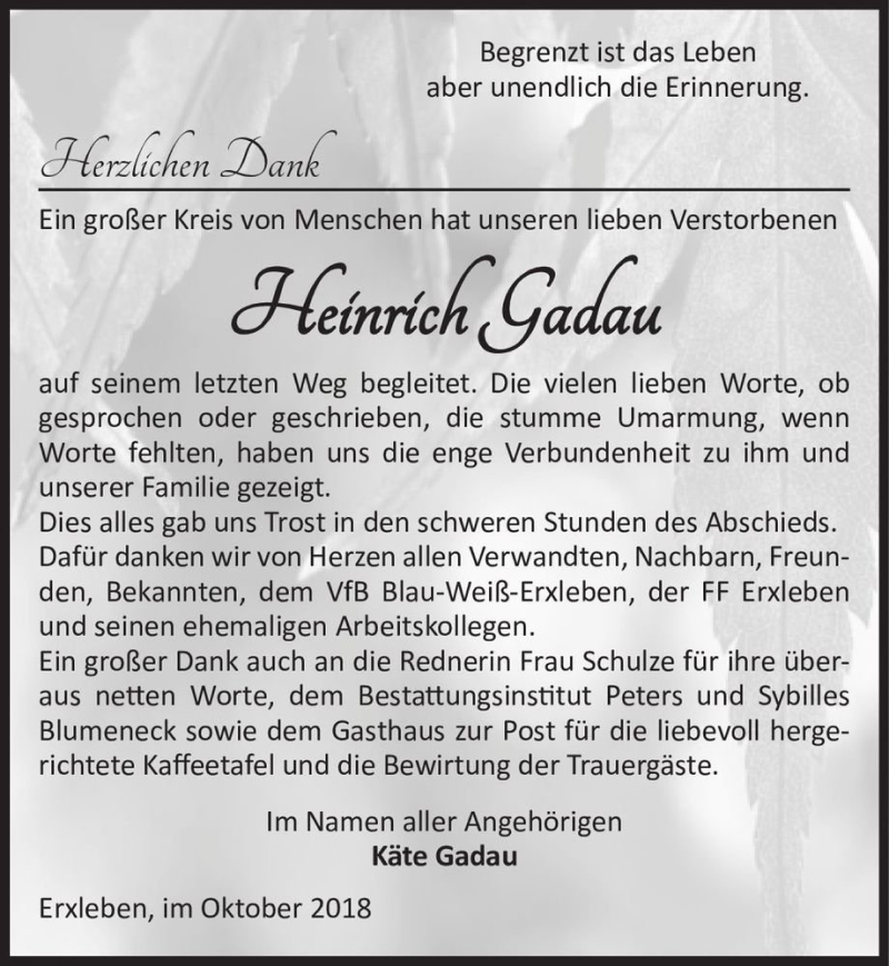  Traueranzeige für Heinrich Gadau  vom 06.10.2018 aus Magdeburger Volksstimme