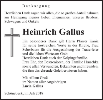 Traueranzeige von Heinrich Gallus  von Magdeburger Volksstimme