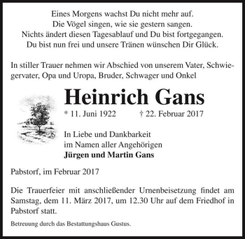 Traueranzeige von Heinrich Gans  von Magdeburger Volksstimme