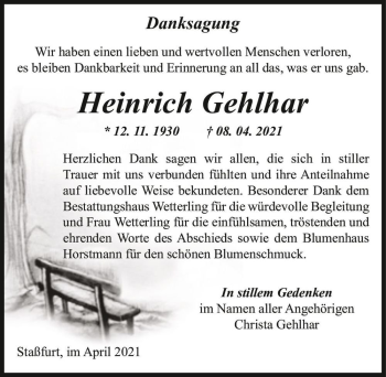Traueranzeige von Heinrich Gehlhar  von Magdeburger Volksstimme