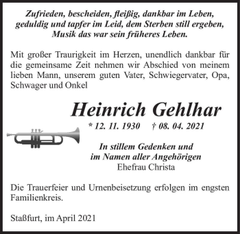 Traueranzeige von Heinrich Gehlhar  von Magdeburger Volksstimme