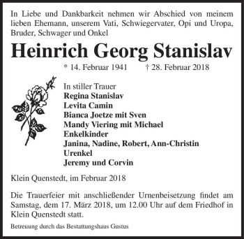 Traueranzeige von Heinrich Georg Stanislav  von Magdeburger Volksstimme