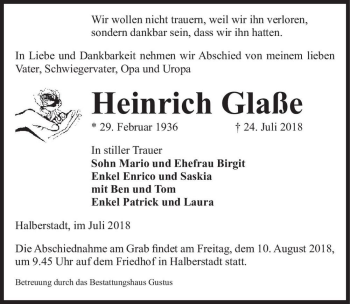 Traueranzeige von Heinrich Glaße  von Magdeburger Volksstimme