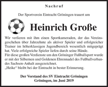 Traueranzeige von Heinrich Große  von Magdeburger Volksstimme