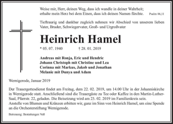 Traueranzeige von Heinrich Hamel  von Magdeburger Volksstimme