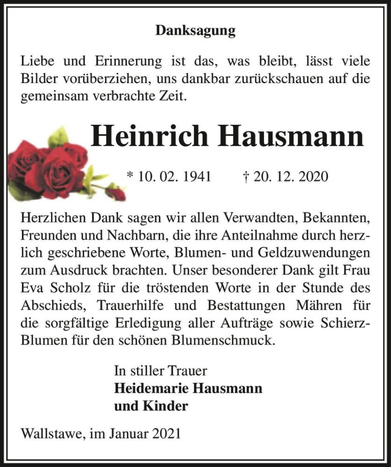  Traueranzeige für Heinrich Hausmann  vom 28.01.2021 aus Magdeburger Volksstimme