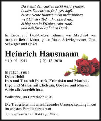 Traueranzeige von Heinrich Hausmann  von Magdeburger Volksstimme