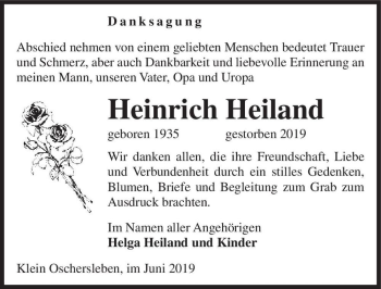 Traueranzeige von Heinrich Heiland  von Magdeburger Volksstimme