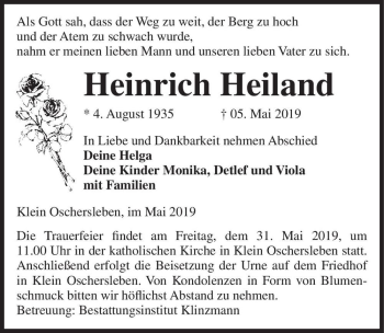 Traueranzeige von Heinrich Heiland  von Magdeburger Volksstimme