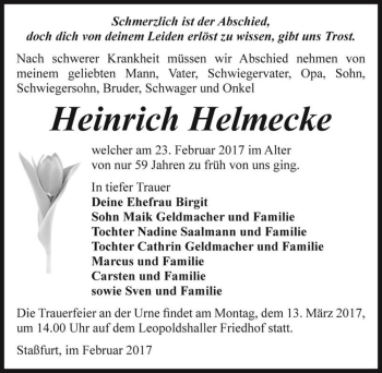Traueranzeige von Heinrich Helmecke  von Magdeburger Volksstimme