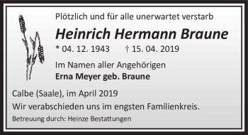 Traueranzeige von Heinrich Herrmann Braune  von Magdeburger Volksstimme
