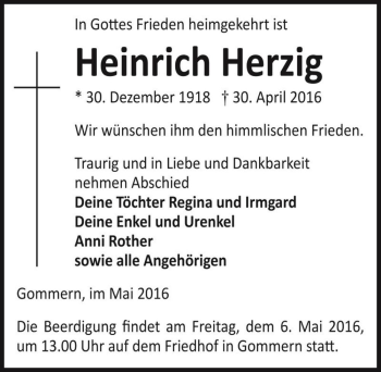 Traueranzeige von Heinrich Herzig  von Magdeburger Volksstimme