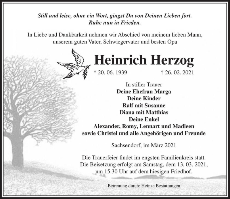  Traueranzeige für Heinrich Herzog  vom 06.03.2021 aus Magdeburger Volksstimme