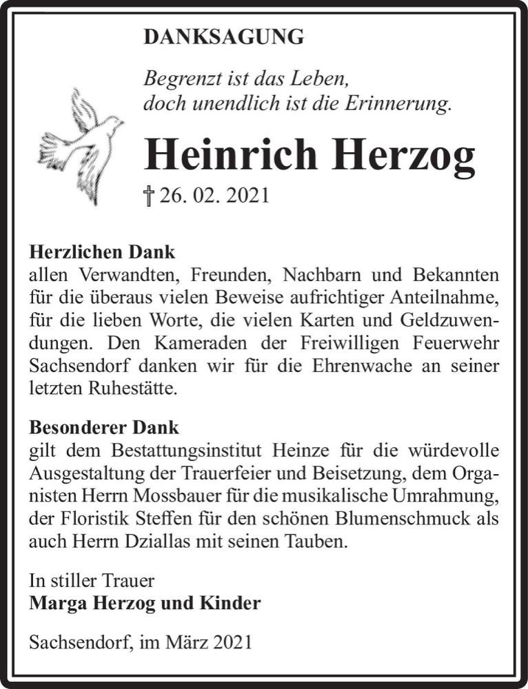  Traueranzeige für Heinrich Herzog  vom 20.03.2021 aus Magdeburger Volksstimme