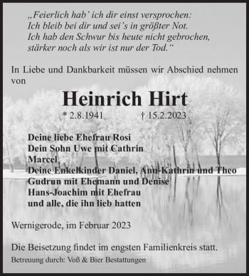 Traueranzeige von Heinrich Hirt  von Magdeburger Volksstimme