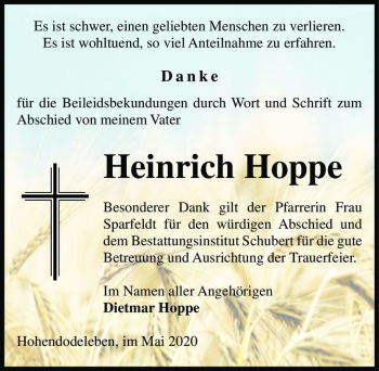 Traueranzeige von Heinrich Hoppe  von Magdeburger Volksstimme