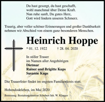 Traueranzeige von Heinrich Hoppe  von Magdeburger Volksstimme