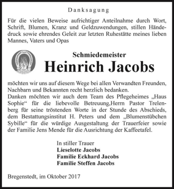 Traueranzeige von Heinrich Jacobs  von Magdeburger Volksstimme