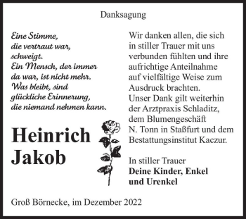 Traueranzeige von Heinrich Jakob  von Magdeburger Volksstimme
