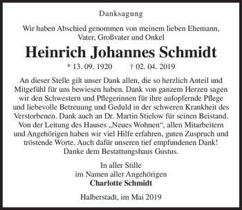 Traueranzeige von Heinrich Johannes Schmidt  von Magdeburger Volksstimme