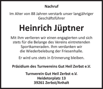 Traueranzeige von Heinrich Jüptner  von Magdeburger Volksstimme