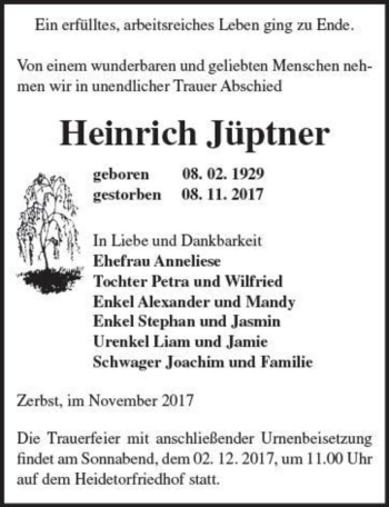 Traueranzeige von Heinrich Jüptner  von Magdeburger Volksstimme