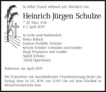 Traueranzeige von Heinrich Jürgen Schulze  von Magdeburger Volksstimme