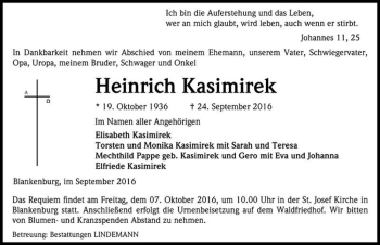 Traueranzeige von Heinrich Kasimirek  von Magdeburger Volksstimme
