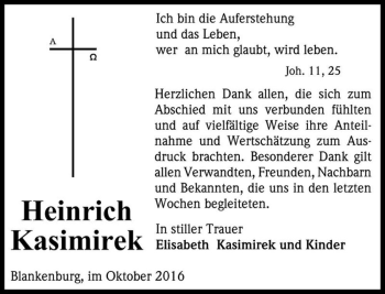 Traueranzeige von Heinrich Kasimirek  von Magdeburger Volksstimme