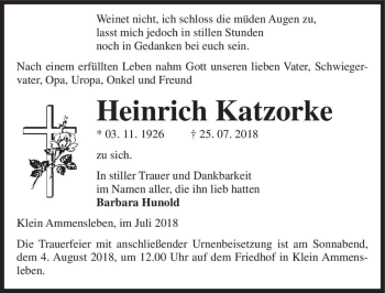 Traueranzeige von Heinrich Katzorke  von Magdeburger Volksstimme