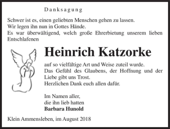 Traueranzeige von Heinrich Katzorke  von Magdeburger Volksstimme