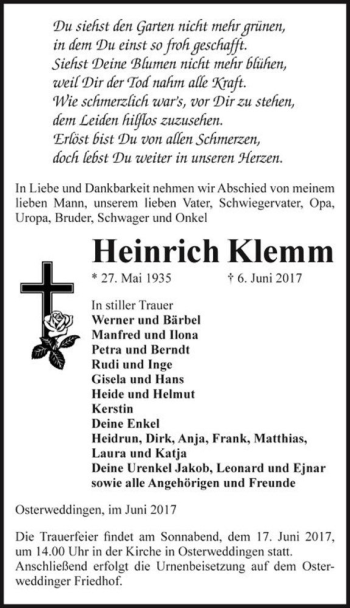 Traueranzeige von Heinrich Klemm  von Magdeburger Volksstimme