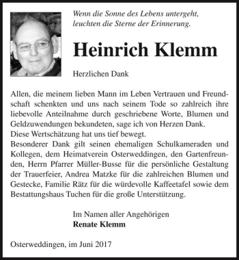 Traueranzeige von Heinrich Klemm  von Magdeburger Volksstimme
