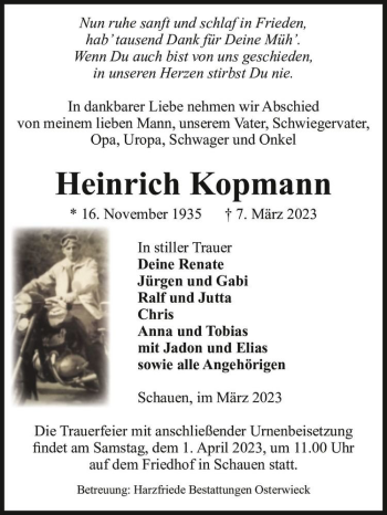 Traueranzeige von Heinrich Kopmann  von Magdeburger Volksstimme