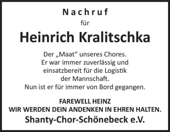 Traueranzeige von Heinrich Kralitschka  von Magdeburger Volksstimme