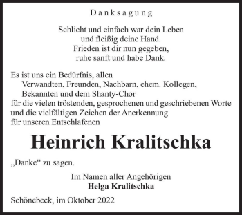 Traueranzeige von Heinrich Kralitschka  von Magdeburger Volksstimme