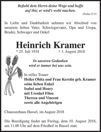 Traueranzeige von Heinrich Kramer  von Magdeburger Volksstimme