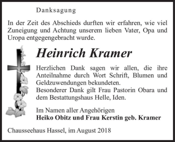 Traueranzeige von Heinrich Kramer  von Magdeburger Volksstimme